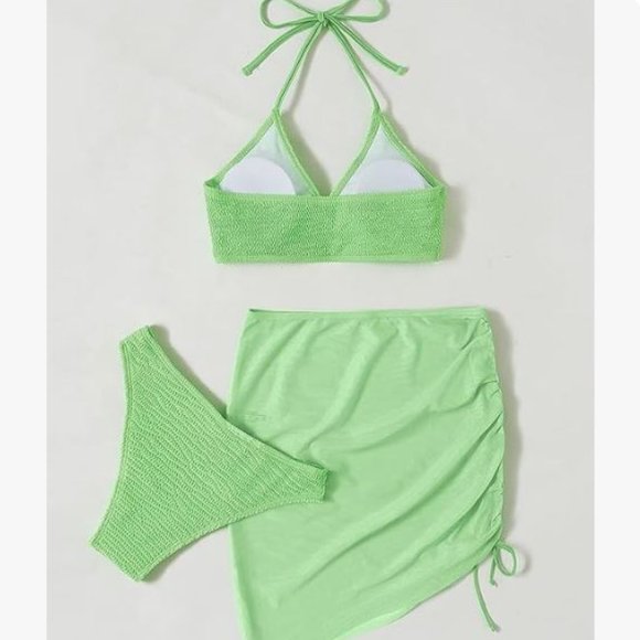 Green SMALL Women's O-Ring Halter Tie-Up Bikini Set with Cover Up Skirt - Picture 2 of 2